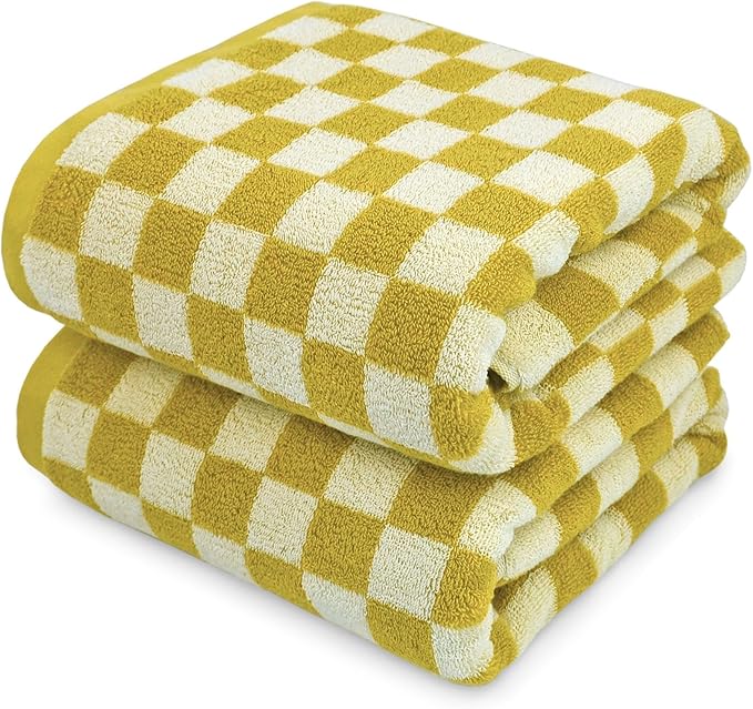 Jacquotha Luxury Bath Towels - Pack of 2 Cotton Fall Bathroom Towels Sets for Body Drying 55x27.5 Inches, Mustard Yellow Checkered