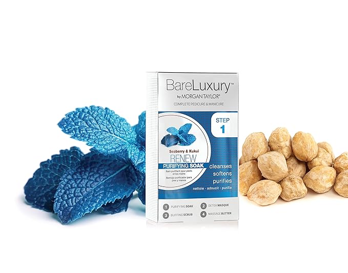 Morgan Taylor BareLuxury 4-Step Complete Pedicure & Manicure Packs - Complete Nail Care Kit with Soak, Masque, Scrub & Massage Butter, Professional Spa-Quality Treatments (Renew Seaberry & Kukui)