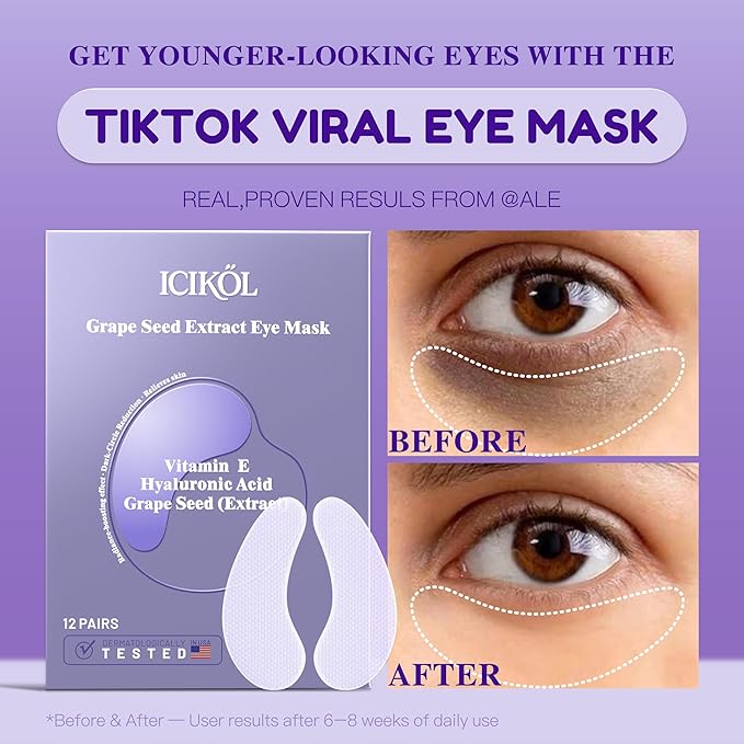 Grape Seed Collagen Under Eye Patches, Eye Mask for Puffy Eyes and Dark Circles, Deep Hydrating Under Eye Mask Patches for Eye Bags Treatment, Under-eye Skincare Boost Radiance (24 pairs)