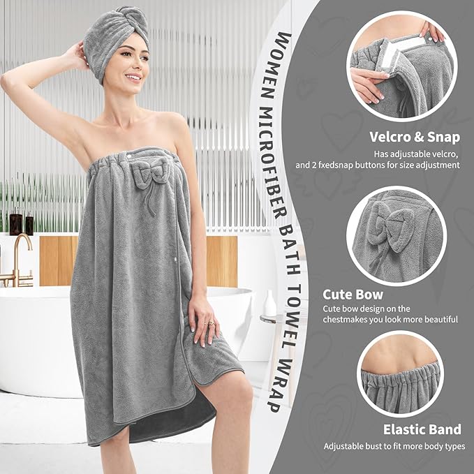 Bath Wrap Towels for Women – Adjustable Spa Shower Wrap with Super Absorbent Microfiber, Quick-Dry Body & Hair Towel Set for Home, Hotel, Beach, Pool, Gym, Travel – Grey