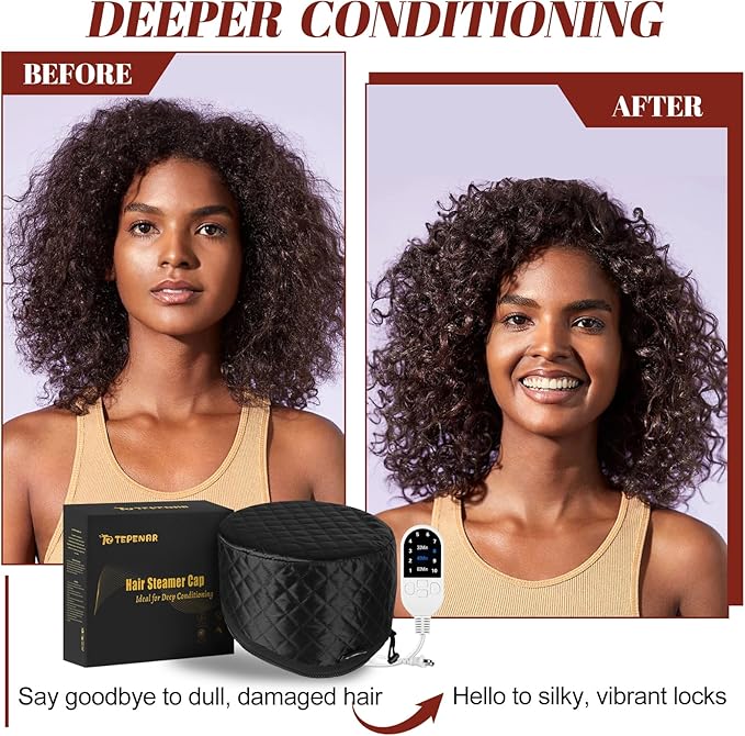 TEPENAR Hair Steamer for Deep Conditioning: Upgraded Heat Cap with 10-Level Fast Heating 3 Time Settings for Natural Hair Portable Thermal Steam Cap for Home Hair Treatment