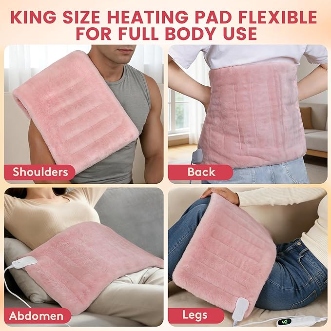 UTK Pink Heating Pad for Back Pain Relief, 12" x 24" Electric Heating Pad for Cramps, Knee, Neck, Shoulders, Soft Flannel Machine Washable Fabric, 6 Heat Settings & Auto-Off(Bright Pink)