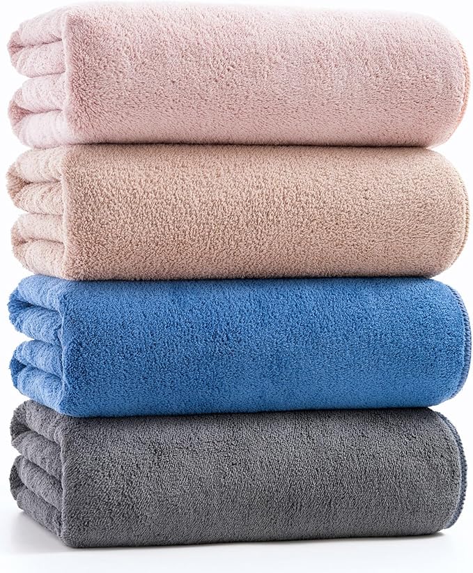 sakano Quick-Drying Microfiber Towel Set - 4-Piece Mixed Color Bath Towel Set, Highly Absorbent, Lint Free Design for Bath, Beach, and Gym -Pink+Khaki+Blue+Dark Gray, 28 x 55 inches
