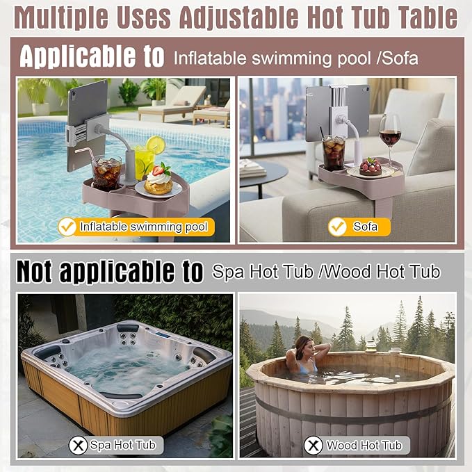Lewtemi 2 Pcs Hot Tub Table Tray with Adjustable Phone Holder and 2 Cup Holders Bath Pillow Spa Headrest Pillow with Suction Cup Hot Tub Accessories for Outdoor Inflatable Pool