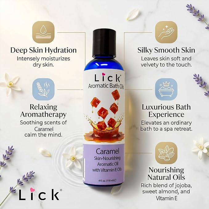 Lick Caramel Aromatic Bath Oil - Dessert Aromas Collection - Lightweight Soaking Oils for Relaxation, 4 oz
