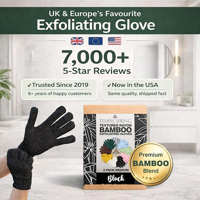 Temple Spring Shower Gloves Exfoliating for Women – Natural Textured Rayon Bamboo Exfoliating Glove with Thicker Weave for Deep Cleansing, Dead Skin Removal & Smooth Radiant Skin (1 Pair, Black)