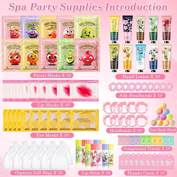 110PCS Spa Party Supplies for Girls,Spa Party Favors Include Lip Mask,Foot Bath Bombs,Face Masks,Skin Care For Teens 10-12,Mothers Day,Teacher Appreciation Gifts,Birthday Bulk Gifts for Women