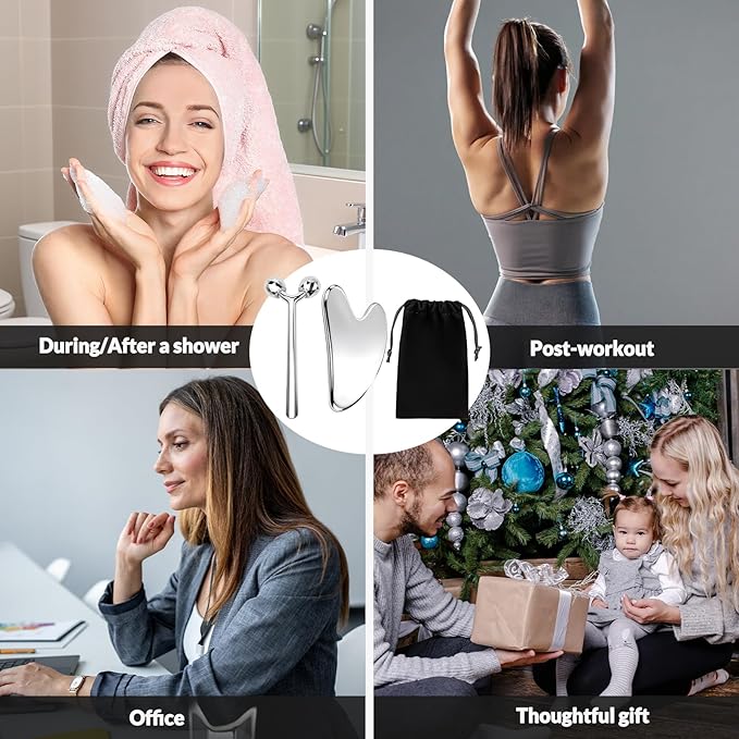 kullder Gua Sha Facial Tools & Face Roller Set 2pcs: Stainless Steel Lymphatic Drainage Massager & Ice Roller for Eye, Body, Neck, Jawline Sculptor, Skin Care Routine, Self Care Gifts for Women