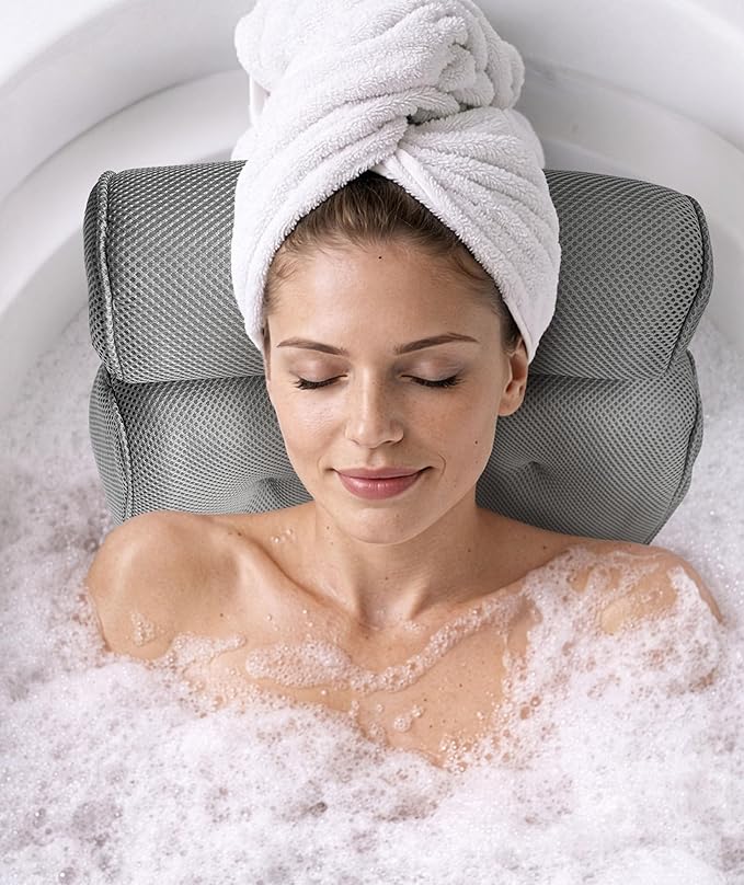 Everlasting Comfort Luxury Bath Pillows for Tub with Head and Neck Support - Non-Slip Bathtub Pillow with Suction Cups, Quick-Drying Mesh & Drying Hook - Jacuzzi & Spa Accessories for Women - Gray