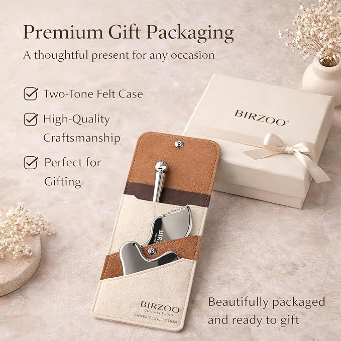3-in-1 Stainless Steel Facial Set, Precision Metal Eye Cream Applicator & Contouring Gua Sha Kit, Cooling Skincare Tools for Face & Neck, Minimalist Beauty Gift with Felt Pouch