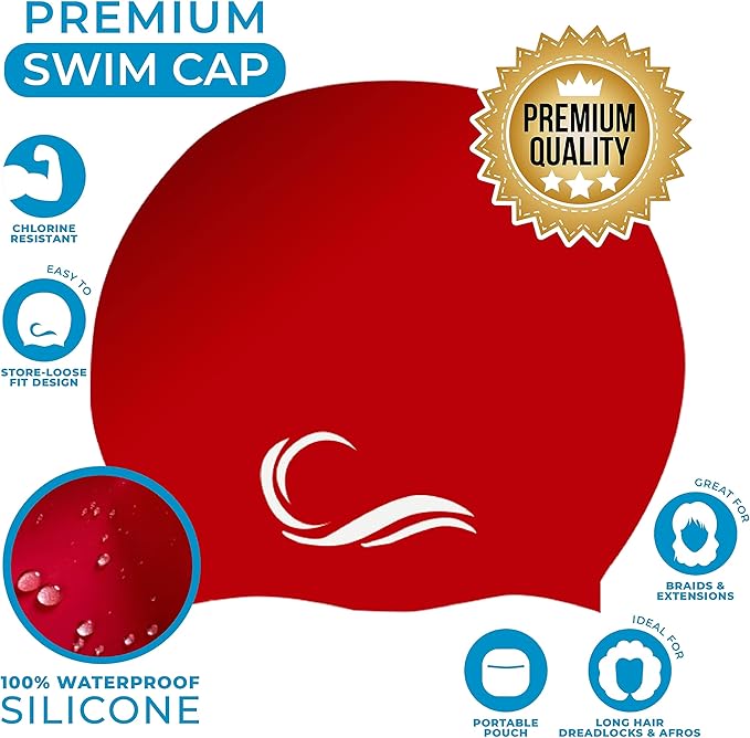 Interlaken Silicone Swim Cap (Check Size Before Buying) - Waterproof Black, Red & Blue Swim Cap