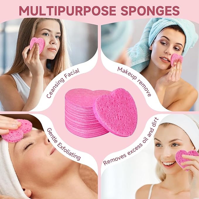 100 Count Compressed Facial Sponges 100% Natural Cellulose Eco-Friendly Makeup Sponges for Gentle Cleansing, Exfoliating & Stubborn Makeup Removal Travel for Women (pink)