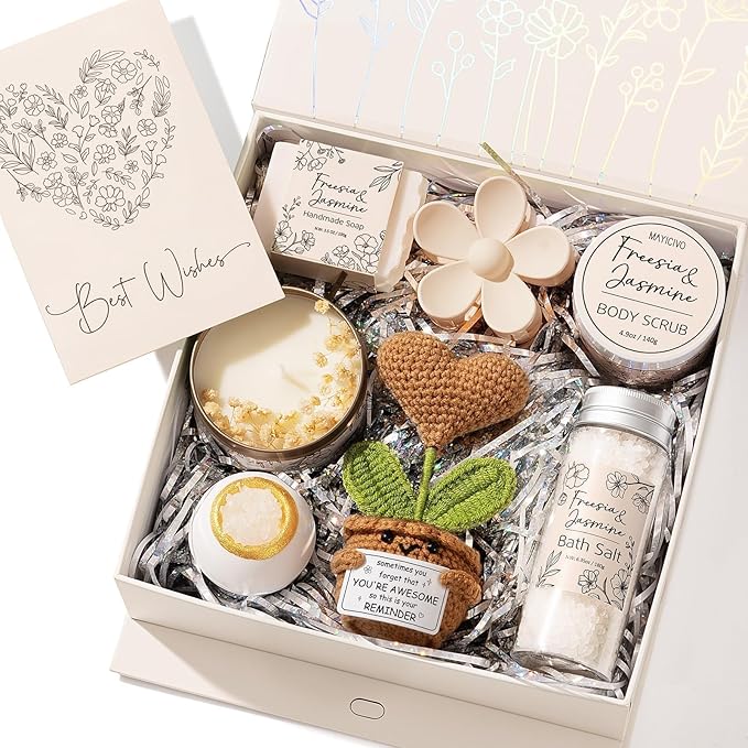 Spa Gifts for Women Bath Gift Set, Freesia & Jasmine Spa Gift Basket Home Bath Set Self Care Kit Care Package Thank You Birthday Mothers Day Easter Gifts for Women Her Mom Friend Sister Teen Girl Wife