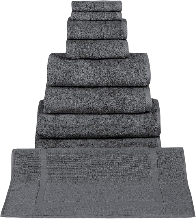 Classic Turkish Towels - Premium Cotton Quick-Dry 9 PC Bath Towel and Bath Mat Set - Soft, Lightweight, Bathroom Towels Made with 100% Turkish Cotton (Grey)