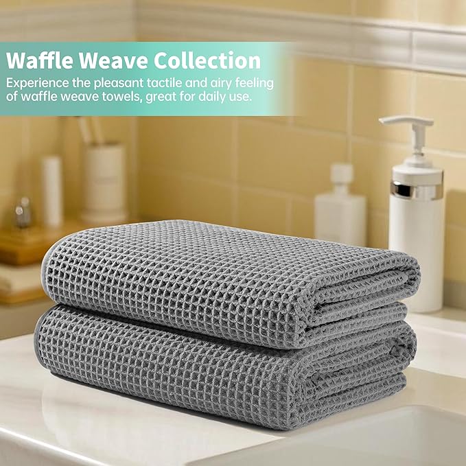 Microfiber Waffle Bath Towels, 4 Pieces, Soft, Absorbent, Fast Drying, Lint Free 430 GSM (Silver)