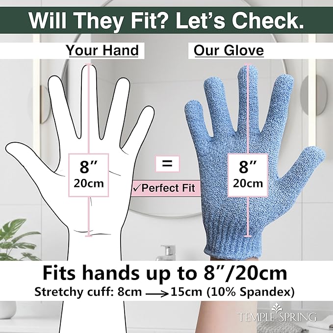 Temple Spring Shower Gloves Exfoliating for Women – Natural Textured Rayon Bamboo Exfoliating Glove with Thicker Weave for Deep Cleansing, Dead Skin Removal & Smooth Radiant Skin (1 Pair, Blue)