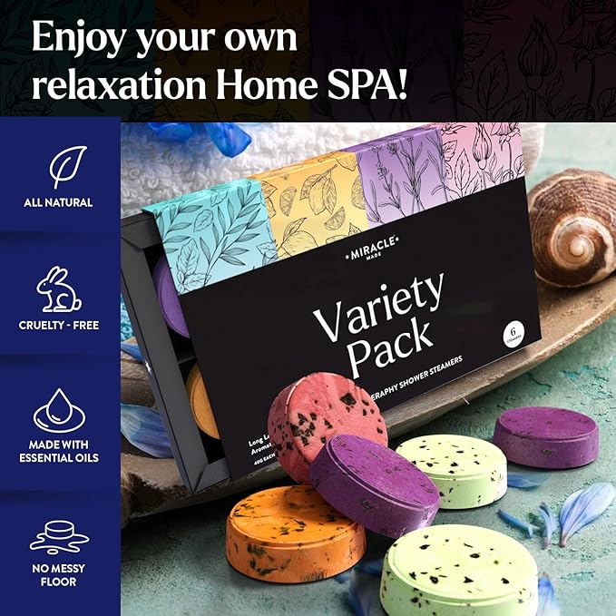 Miracle Made Aromatherapy Shower Steamers Variety Pack – Essential Oil Scented Shower Bombs for Relaxing, Refreshing Self-Care – 6 Shower Melt Tablets with Dried Flowers