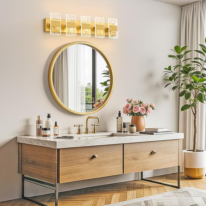 Modern LED Bathroom Light Fixtures Dimmable 5-Light Gold Vanity Light, 5CCT Adjustable Lighting Fixture Vanity Lights Over Mirror, Smoked Acrylic LED Vanity Lights for Bathroom