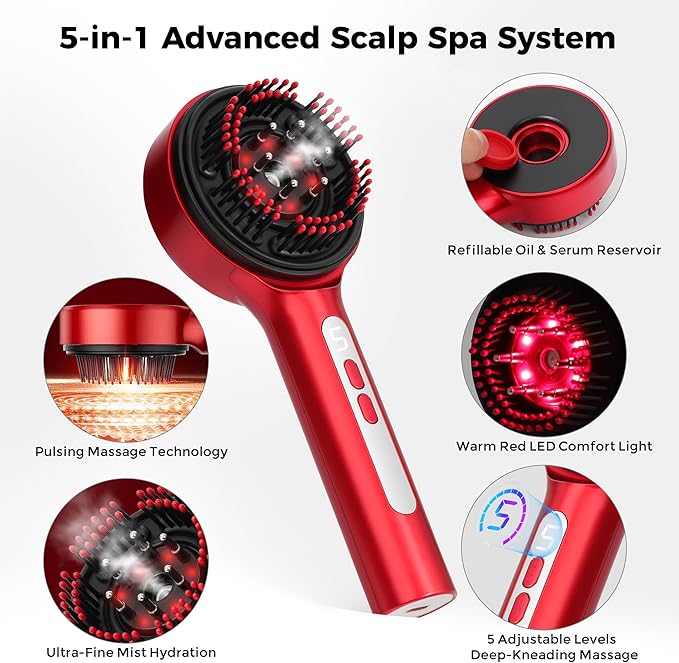 Electric Scalp Massager, 5 in 1 Refillable Oil Reservoir and Mist 3 Step At Home Scalp Spa Device, 3D Deep Kneading Massage, USB C Rechargeable Portable for Home and Travel (Red)