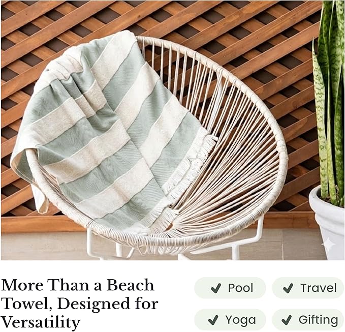 Lightweight Turkish Beach Towel - 100% BCI Cotton, Unbleached Raw Fringe, Oeko-TEX Certified, Absorbent, Eco-Friendly, 36x66”, Sea Green & Natural Stripes, Portable Sarong Blanket for Pool, Travel