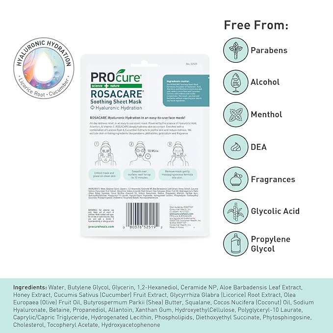 PROcure Rosacare Redness Relief Sheet Face Mask – 5 Pack – Hyaluronic Acid, Licorice Root & Cucumber for Sensitive Skin Hydration & Calming