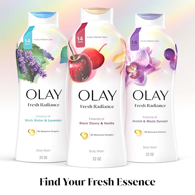 Olay Body Wash for Women, Fresh Radiance, Refreshing & Renewing, Made with Plant Based Cleansers, B3 Botanical Complex, For All Skin Types, Black Cherry & Vanilla Scent, 22 fl oz (Pack of 4)