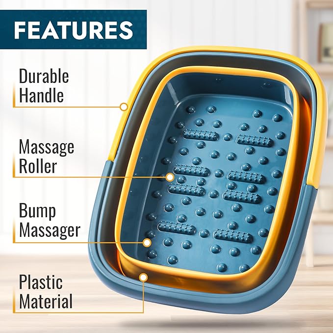 AllSett Health Collapsible Foot Bath – Advance Soaking Tub with Portable Design and Handle – Foldable Pedicure Foot Spa Bowl – Compact and Lightweight Soak with Acupressure Points, Blue and Orange
