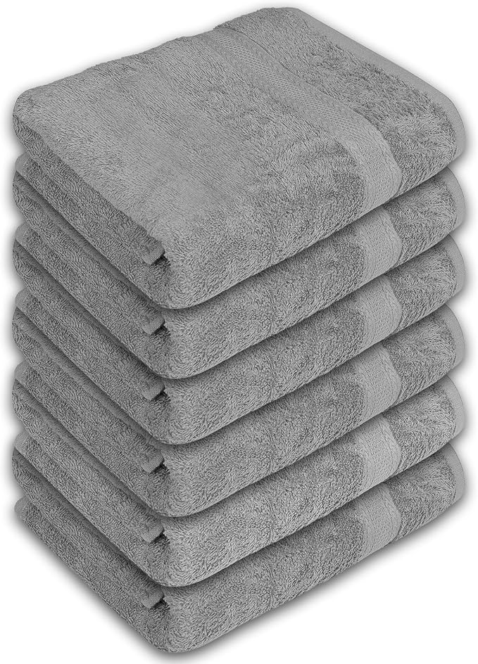 Large Bath Towels Pack of 6 – 24" x 50", 100% Cotton Terry – Soft, Quick-Dry & Highly Absorbent – Light Grey Towels for Bathroom, Spa, Shower, Pool & Daily Use