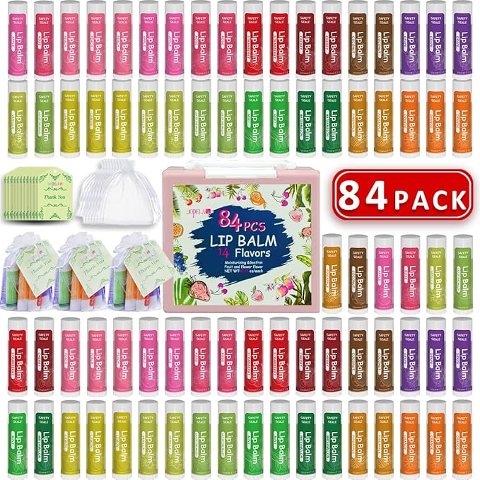 84 Pack Natural Lip Balm Bulk with Vitamin E and Coconut Oil Valentine's Gifts Choice - Moisturizing, Soothing, and Repairing Dry and Chapped Lips - 14 Flavors - Non-GMO