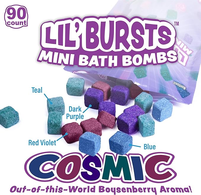 Tub Works® Lil' Bursts™ Mini Bath Bombs for Kids, 90 Count, Cosmic | Nontoxic | Tiny Kids Bath Bombs with A Burst of Color, Foam & Bubbles | Customize Kids Bath with Fun Bath Colors | Create Tub Art