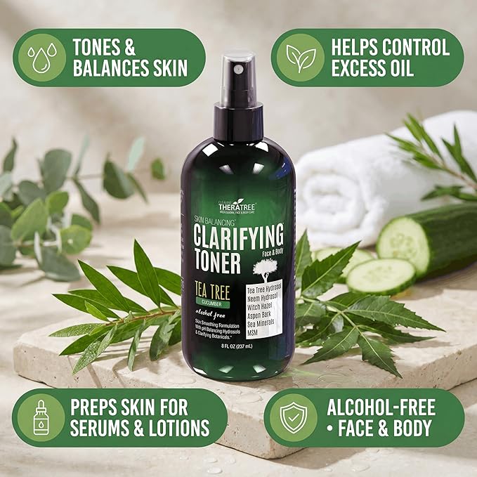 TheraTree Clarifying Toner with MSM, Tea Tree & Neem Hydrosol - Alcohol-Free Complexion Control for Face & Body - Reduces Appearance of Pores & Controls Oil - 8 Fl Oz