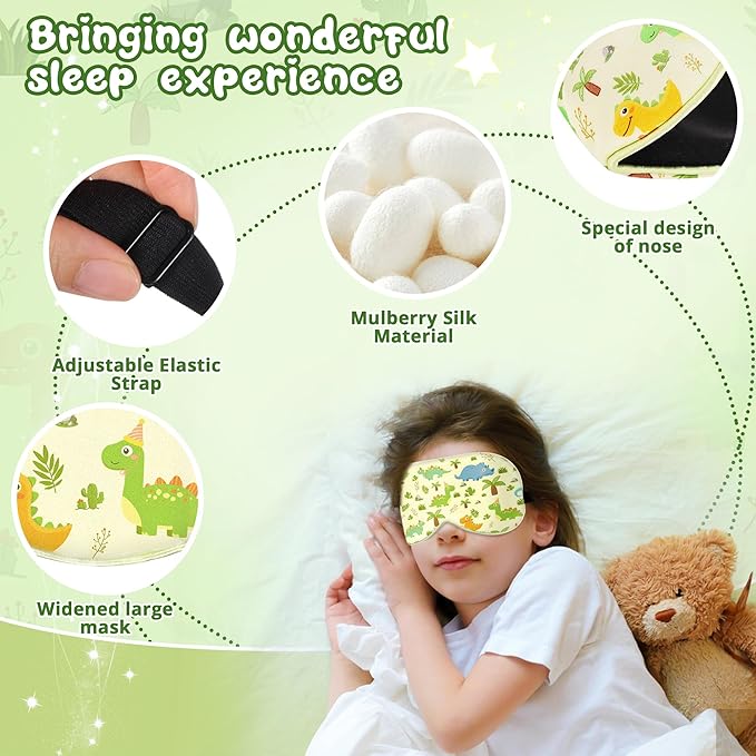 Kids Sleep Mask Eye Cover: 100% Real Natural Pure Silk Eye Mask with Adjustable Strap, Funny Blindfold Kids Eye Mask for Sleeping, Soft & Lightweight Eye Shade for Boys Girls Teens (Dinosaur Style)