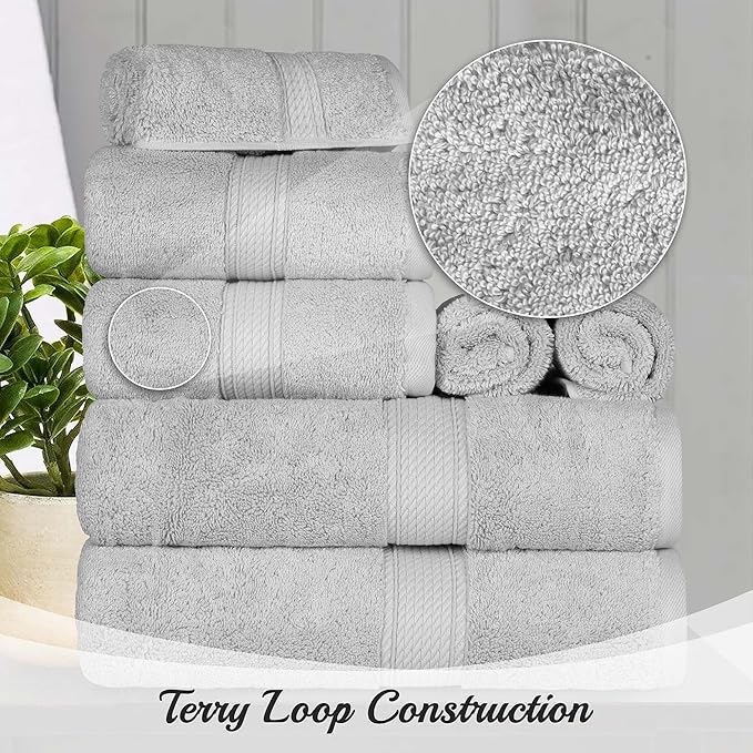 SUPERIOR Egyptian Cotton Pile 3 Piece Towel Set, Includes 1 Bath, 1 Hand, 1 Face Towel/Washcloth, Ultra Soft Luxury Towels, Thick Plush Essentials, Guest Bath, Spa, Hotel Bathroom, Silver
