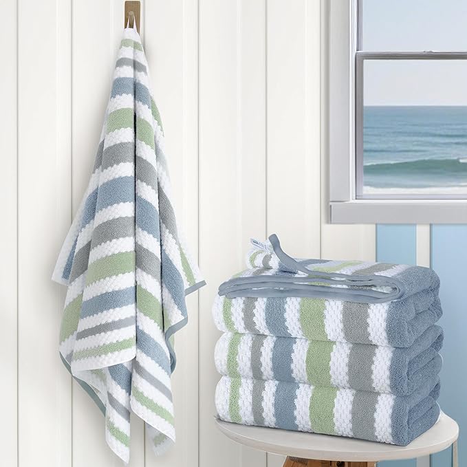 Striped Bath Towels (4PC, 28"x52") - Quick Dry | Absorb | Lightweight | 500GSM | Soft, Cotton Polyester Blend Bath Towels, Decorative Bath Towel with Hanging Loops, Navy Grey Green Stripes + White