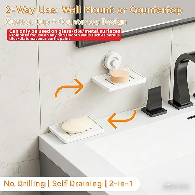 SUOXING 2 Pack Bar of Soap Holder for Shower with Suction Cup,Rustproof Wall Mounted Acrylic Shower Soap Rack & Caddy for Bathroom,Bath,Kitchen,Plastic Self Draining Soap Holder and Soap Shelf,White