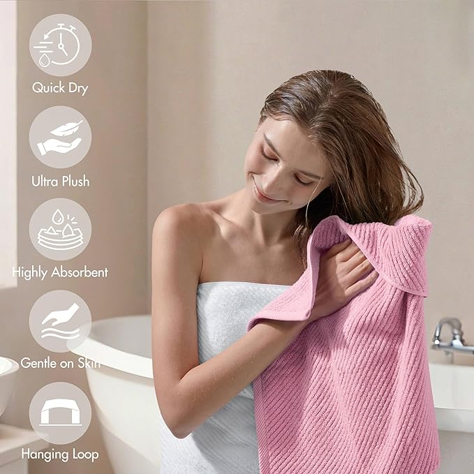 Madison Park Bathroom Towel Set of 6 Diagonal Ribbed, Pink 100% Cotton Quick Dry & Absorbent| 2 Bath 30" x 56"| 2 Hand 18" x 28"| 2 Washcloths 13" x 13"| Zero Twist, 500 GSM, Oeko-TEX