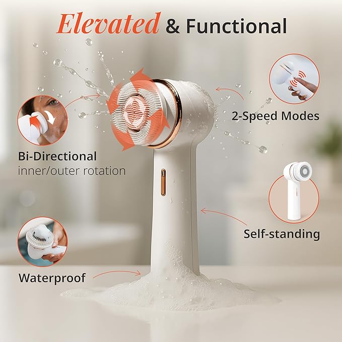 Raedia 2.0 Handheld Facial Cleansing Brush with 4 Interchangeable Brush Heads by Vanity Planet - Lightweight Daily Cleansing Brush for Glowing Skin - Water Resistant Face Exfoliator - Grey