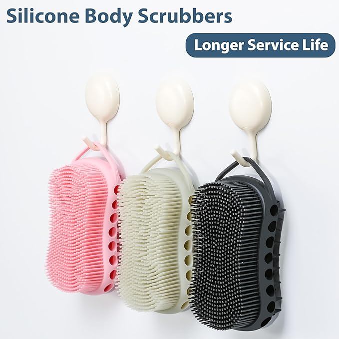 MtBoi Double-Sided Exfoliating Silicone Body Scrubber, 2-in-1 Bath Scrubber, Shampoo Brush, Silicone Loofah for All Skin Types, Shower Body Scrubber, Easy to Clean, Lather Well (Black)