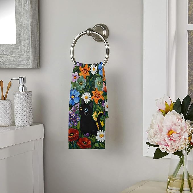 Accnicc 2 Pack Black Cat Bathroom Hand Towels Decorative Green Plant Daisy Floral Dish Kitchen Towel 16x27 Inch Cute Botanical Absorbent Soft Microfiber Bath Towels Hotel Spa