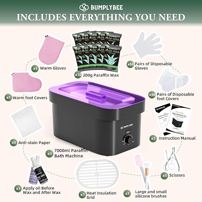 BUMPLYBEE 7000ml Paraffin Wax Machine for Hand and Feet-Black Hand Wax Paraffin Machine for Hands with 10pcs Aloe Vera Paraffin Bath Refills，Foot Care Kit,Moisturizing and Exfoliating