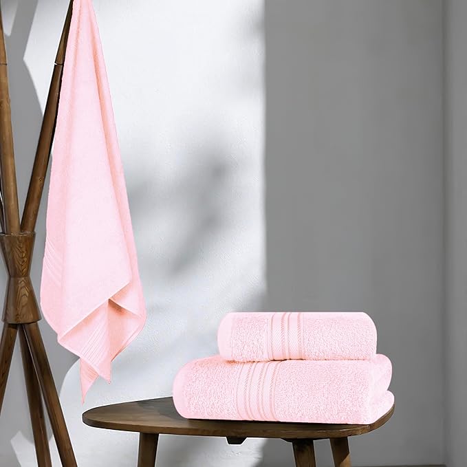 BOUTIQUO Ultra Soft 3 Pack Cotton Towel Set, Contains a Bath Towels 28x55 inch, a Hand Towels 16x24 inch & a Wash Coths 12x12 inch, Ideal Everyday use, Compact & Lightweight - Pink