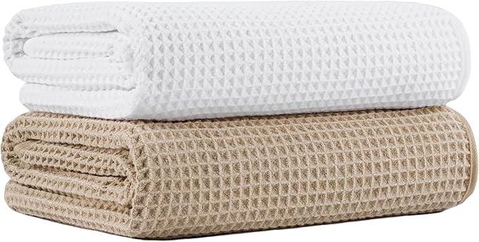 MICROFI New Microfiber Waffle Bath Towels, 2 Pieces, Oversized, Soft, Absorbent, Fast Drying, Lint Free 430 GSM (Beige+White)