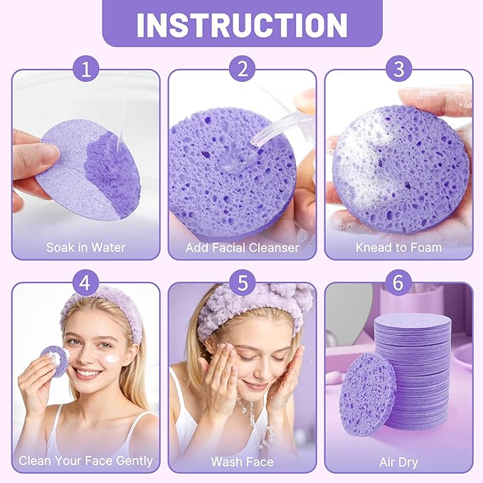 100-Count Compressed Facial Sponges for Washing face, Natural Cellulose Cosmetic Makeup Sponge for Facial Cleansing, Slight Exfoliating, Makeup Removal-(Purple Round Sponge)