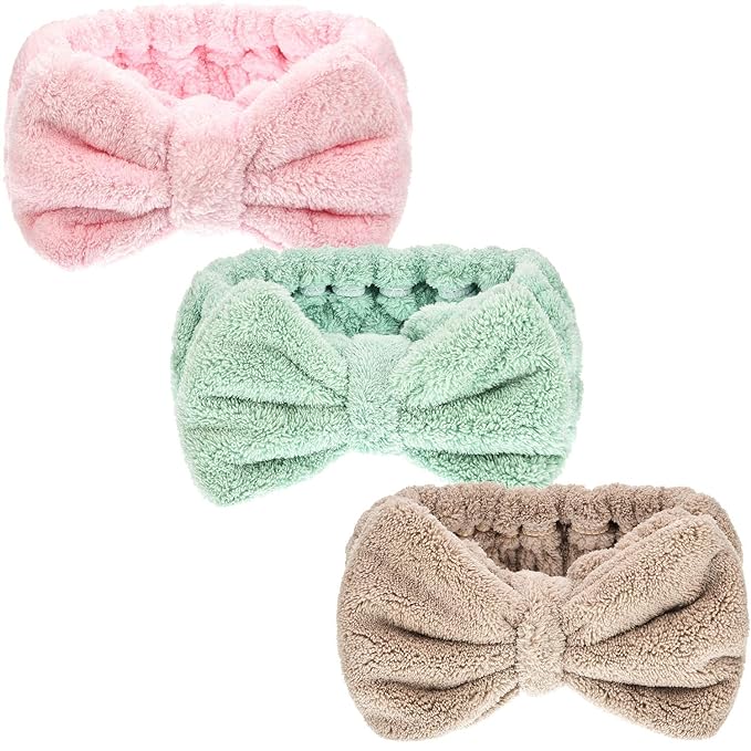 3 Pieces Towel Headbands for Women Makeup Headband for Washing Face Makeup Spa Headband, Microfiber Bowtie Shower Headband for Women(Light Pink, Light Green, Light Brown)