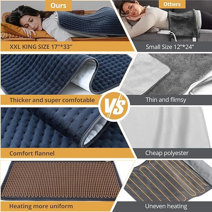Heating Pad for Back Pain Relief, 17" x 33" Extra Large Heating Pads for Cramps,Electric Heating Pad with 6 Temperature Controller, Moist & Dry Heat, Auto Shut-Off, Soft Micro Plush, Machine Washable