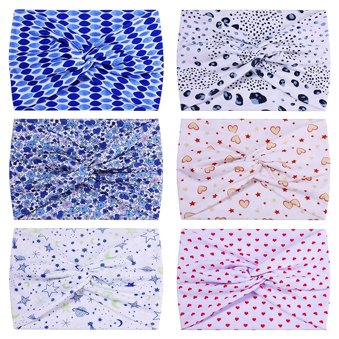 HAUHC Extra Wide Headbands for Women, 7'' Large Cotton Like Turban Knotted Bandana Head Bands for Women Non Slip, Boho Headbands for Women's Hair (6PCS Print 1, average size)