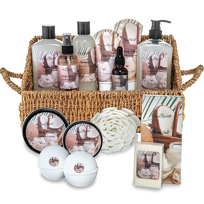 Aqua Elegante Bath Spa Gift Set - 15 Piece Premium Basket with Wash, Bubble Bath, Lotion, Salts, Body Scrub, Towel, Shower Puff, Bathbombs, Reusable Basket, Gifts for Women - Coconut & Vanilla