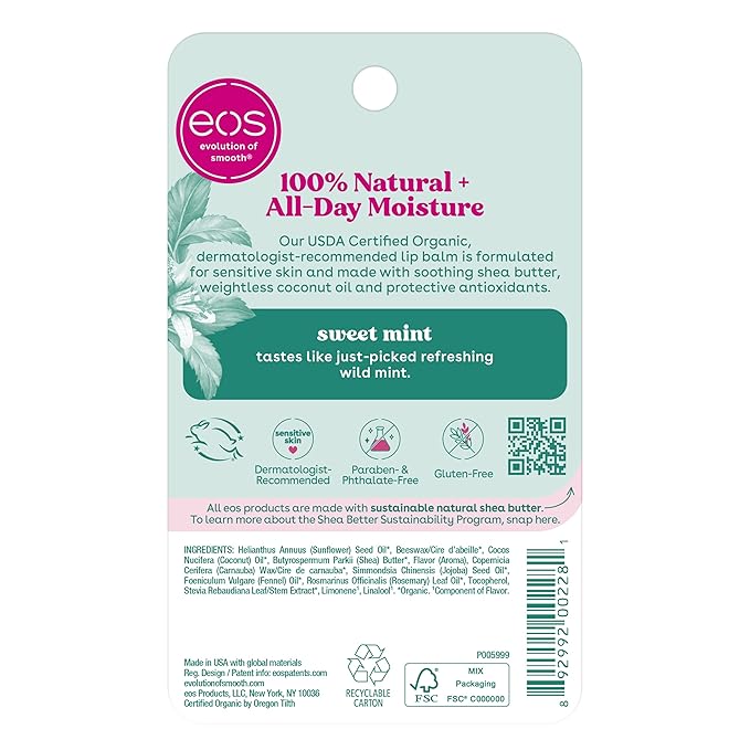 eos 100% Natural & Organic Lip Balm - Sweet Mint, All-Day Moisture, Dermatologist Recommended for Sensitive Skin Care, Lip Care Products, 0.25 oz