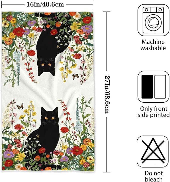 Accnicc 2 Pack Black Cat Bathroom Hand Towels Decorative Spring Floral Dish Kitchen Towel 16x27 Inch Botanical Colorful Wildflowers Butterfly Absorbent Soft Microfiber Bath Towels Hotel Spa Decor