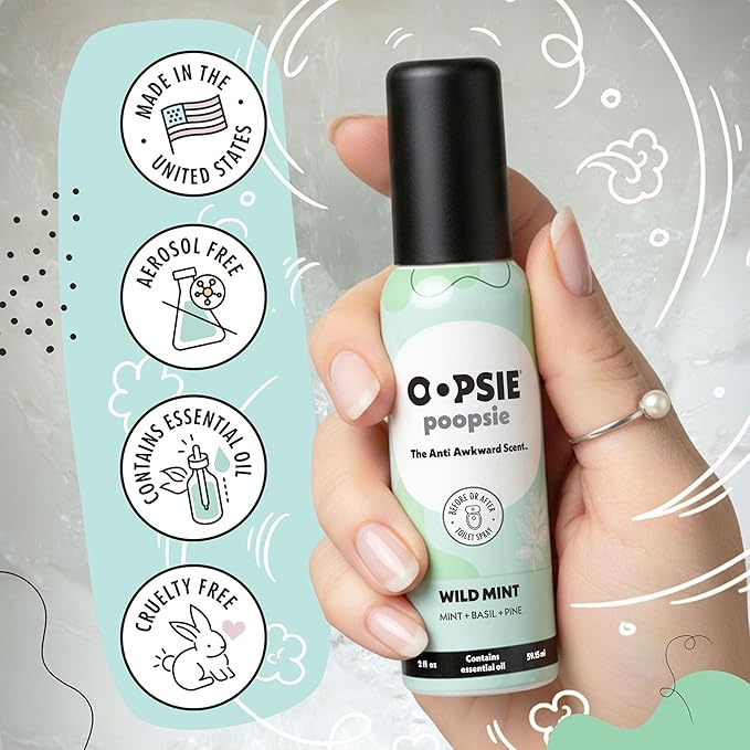 Oopsie Poopsie Toilet Spray – Before & After You Go Bathroom Odor Eliminator & Neutralizer Spray, Travel Size with Essential Oils, TSA Approved – Wild Mint 2 Pack – 2 Oz.